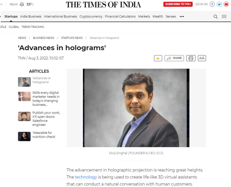 Interview with TOI on Advance in Hologram